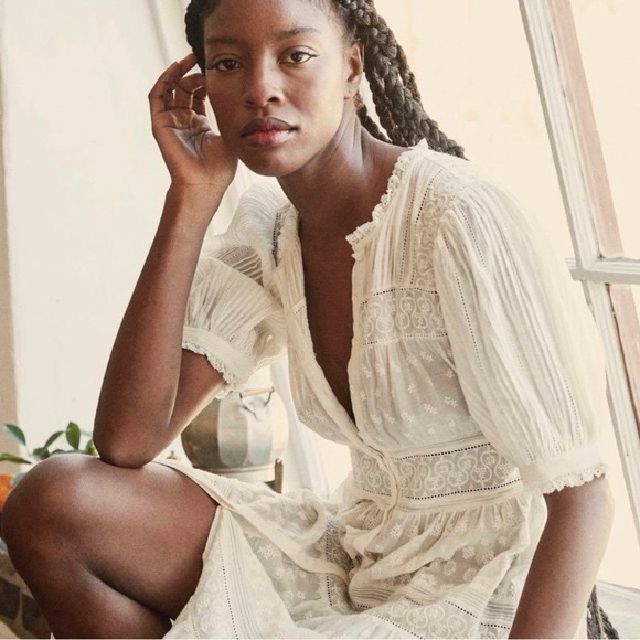 Doen Sz Large Rolande Tiered Embroidered Organic Cotton-Voile Midi Dress in Salt - Picture 3 of 16